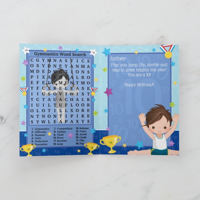 Fun Boys Gymnastics Word Search Happy Birthday Card (Inside)