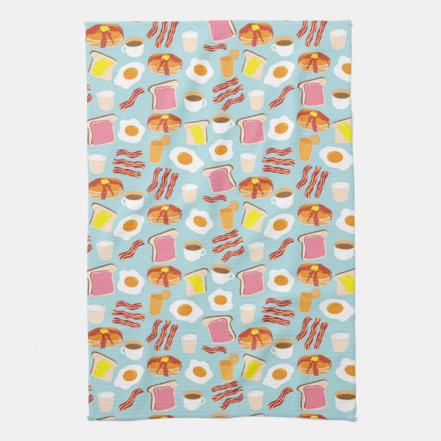 Fun Breakfast Food Illustrations Pattern Tea Towel (Vertical)