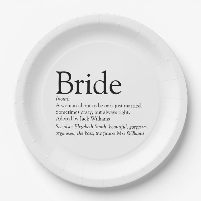 Fun Bride Definition Bridal Shower Modern Paper Plate (Front)