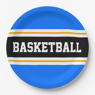 Fun Bright Blue Black Yellow BASKETBALL Stripes Paper Plate
