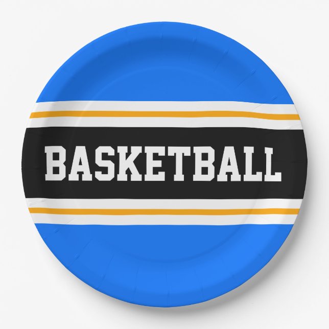 Fun Bright Blue Black Yellow BASKETBALL Stripes Paper Plate (Front)