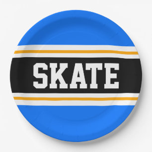 Fun Bright Blue Black Yellow SKATE Racing Stripes Paper Plate