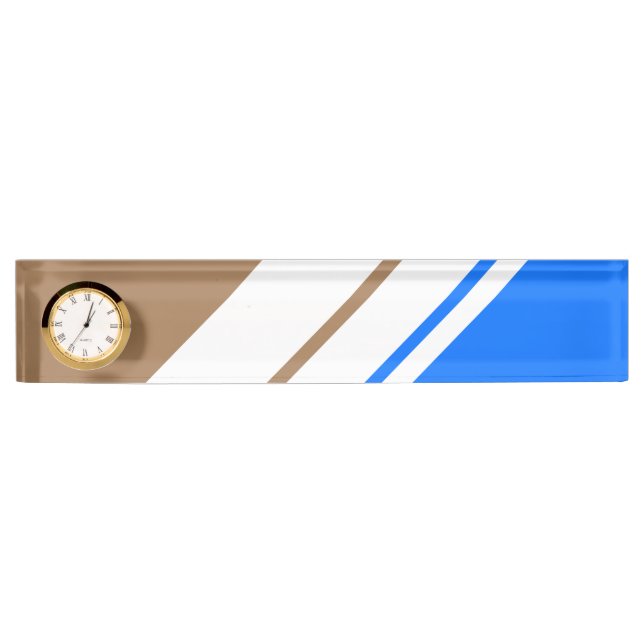 Fun Bright Blue Mocha White Racing Stripes Clock Nameplate (Front)
