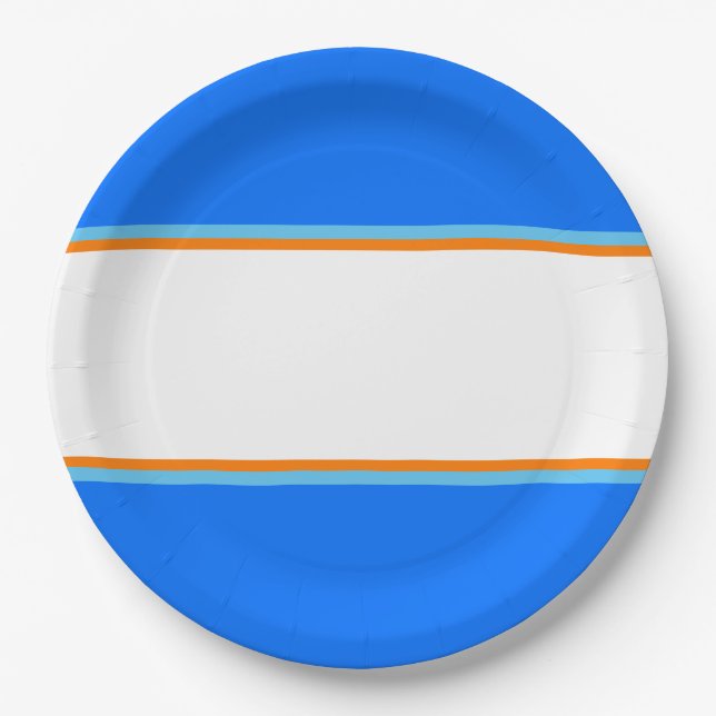 Fun Bright Blue Orange Aqua White Racing Stripes Paper Plate (Front)