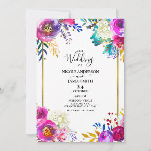 Fun Bright Bold Colour Watercolor Floral Wedding Invitation