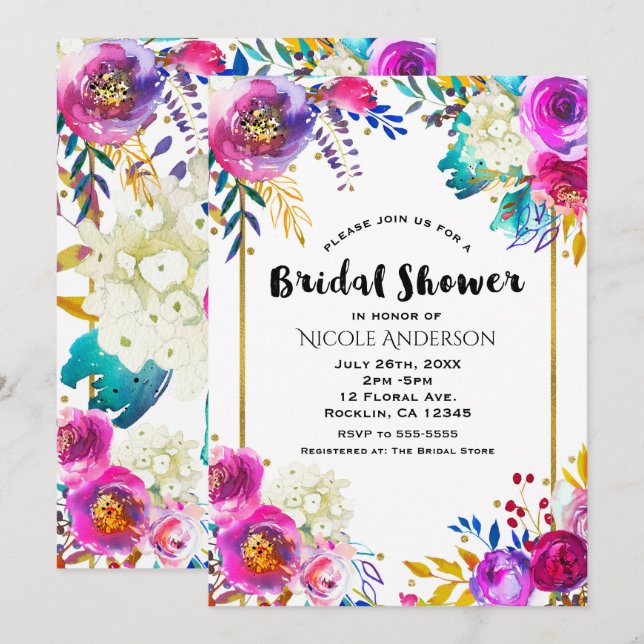 Fun Bright Bold Watercolor Floral Bridal Shower Invitation (Front/Back)