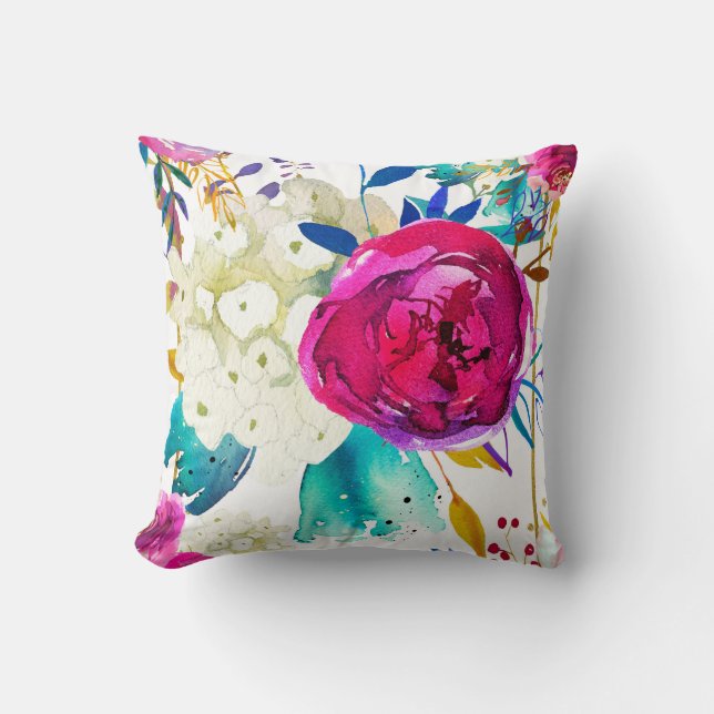 Fun Bright Bold Watercolor Floral Colour Splash Cushion (Front)