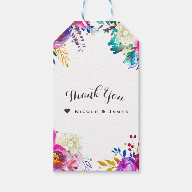 Fun Bright Bold Watercolor Floral Colour Splash Gift Tags (Front)