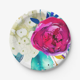 Fun Bright Bold Watercolor Floral Colour Splash Paper Plate