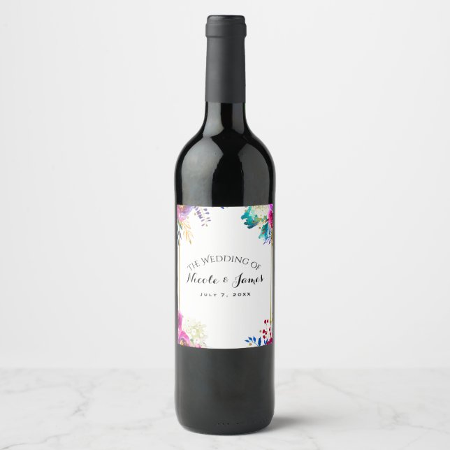 Fun Bright Bold Watercolor Floral Wedding Wine Label (Front)
