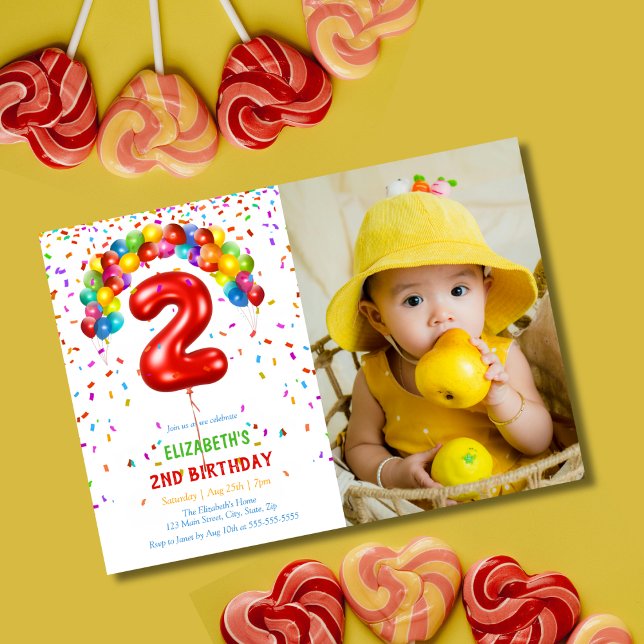 Fun Bright Confetti Balloons Photo 2nd Birthday Invitation (Creator Uploaded)