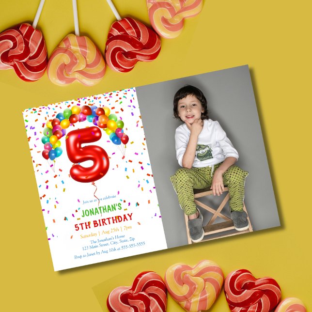 Fun Bright Confetti Balloons Photo 5th Birthday Invitation (Creator Uploaded)
