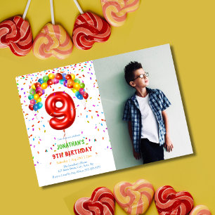 Fun Bright Confetti Balloons Photo 9th Birthday Invitation