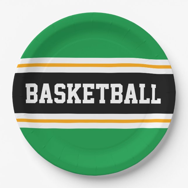Fun Bright Green Black Yellow BASKETBALL Stripes Paper Plate (Front)