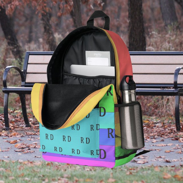 Fun, Bright Monogrammed Rainbow Colour Stripes Blu Printed Backpack (Colorful, monogrammed backpack for any outing.
)