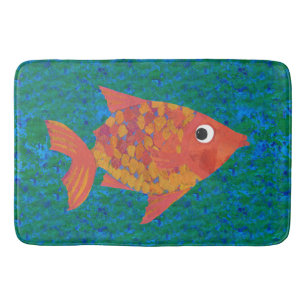 Fun Bright Orange Yellow Cute Fish on Blue Green Bath Mat