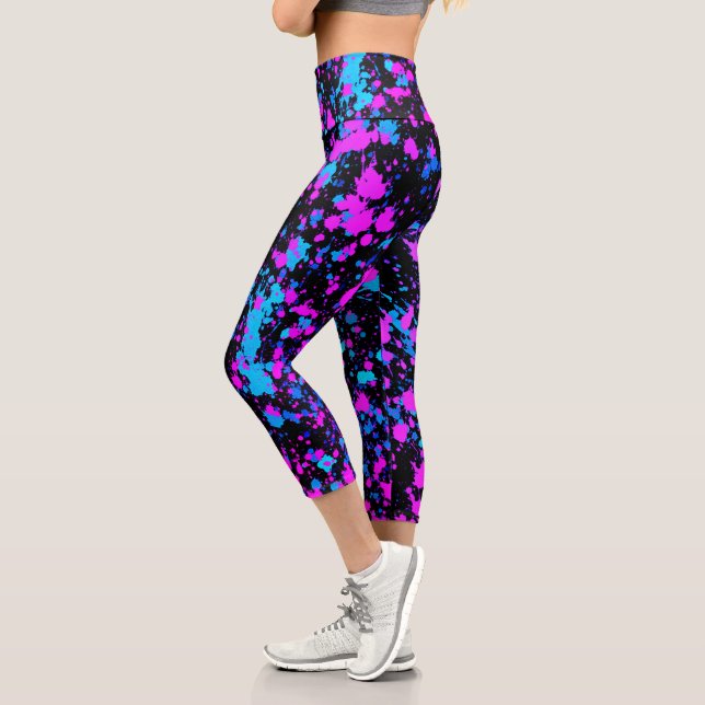 Fun Bright Paint Splash Pink Turquoise Cobalt Blue Capri Leggings (Left)