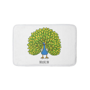 Fun bright peacock bird illustration bath mat