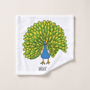 Fun bright peacock bird illustration bath towel set