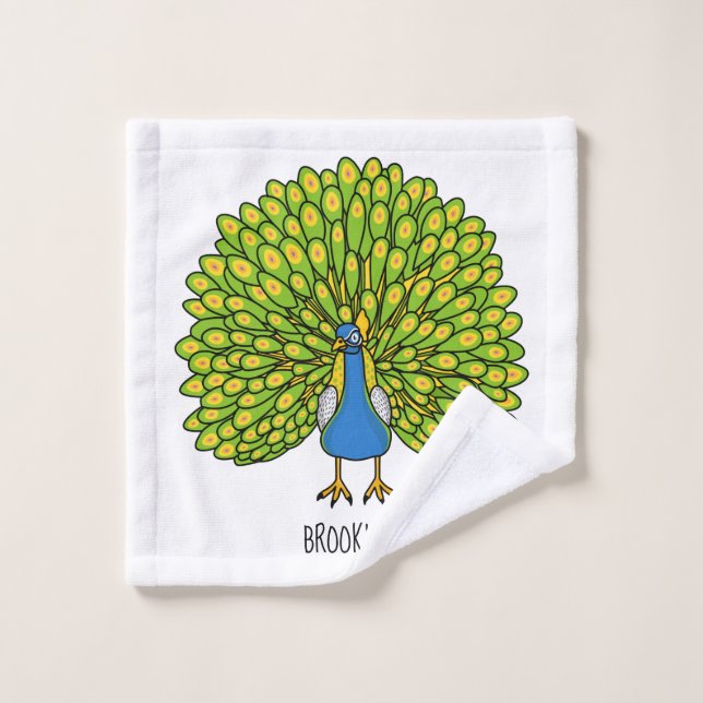 Fun bright peacock bird illustration bath towel set (Wash Cloth)