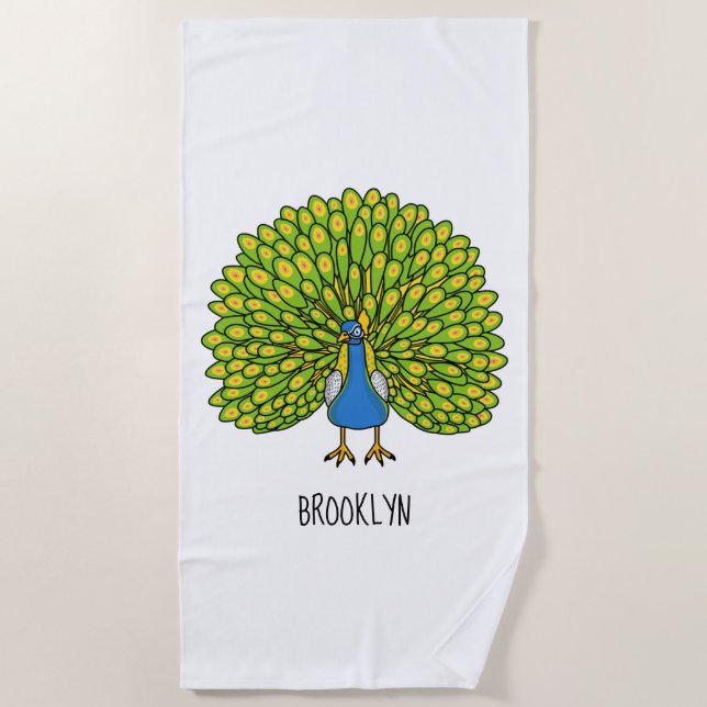 Fun bright peacock bird illustration beach towel (Front)