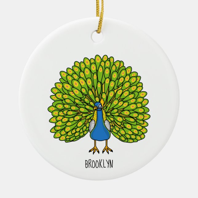 Fun bright peacock bird illustration ceramic tree decoration (Front)