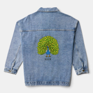 Fun bright peacock bird illustration denim jacket