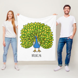 Fun bright peacock bird illustration fleece blanket