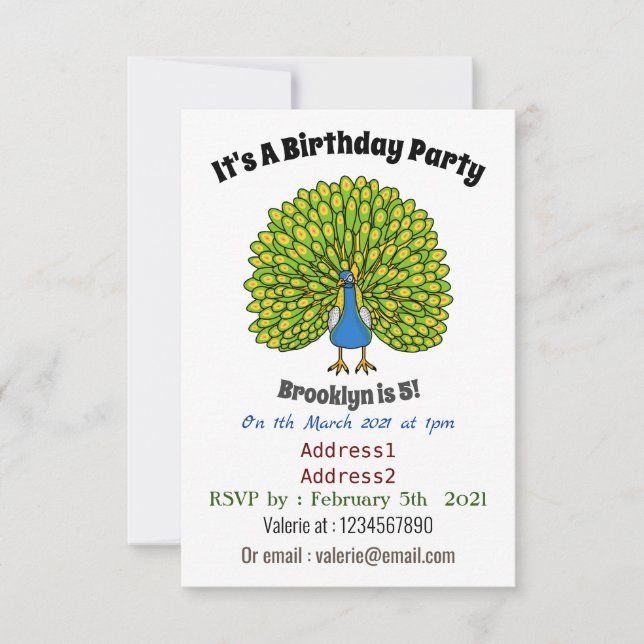 Fun bright peacock bird illustration invitation (Front)