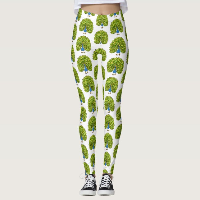 Fun bright peacock bird illustration leggings (Front)
