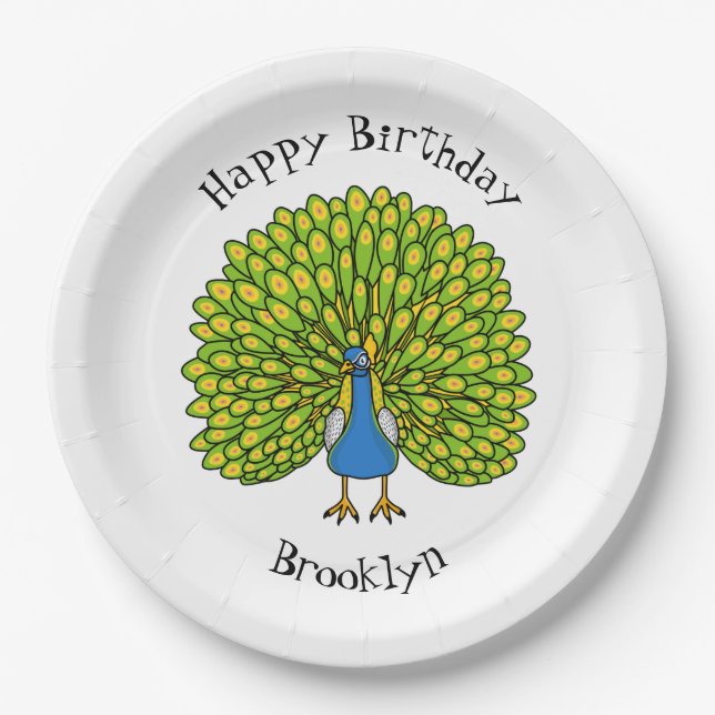 Fun bright peacock bird illustration paper plate (Front)