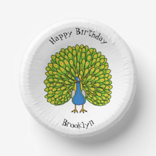 Fun bright peacock bird illustration paper plate