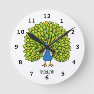 Fun bright peacock bird illustration round clock