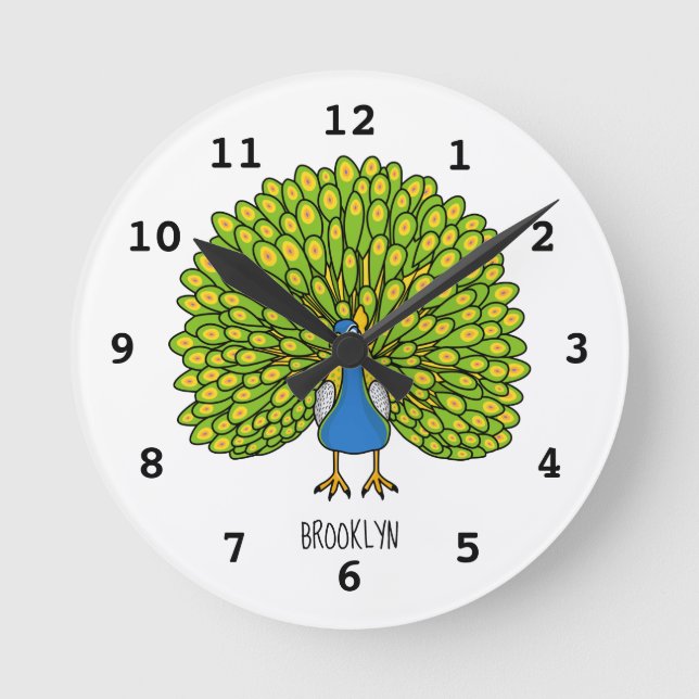Fun bright peacock bird illustration round clock (Front)