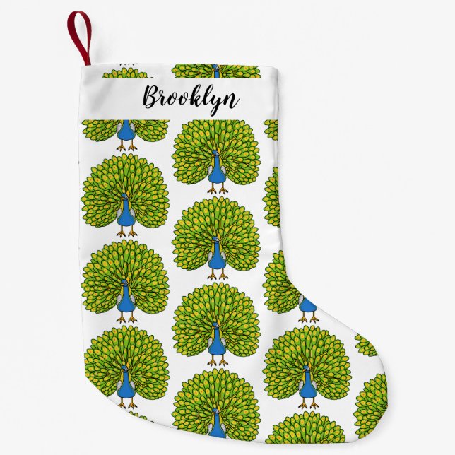 Fun bright peacock bird illustration small christmas stocking (Front)