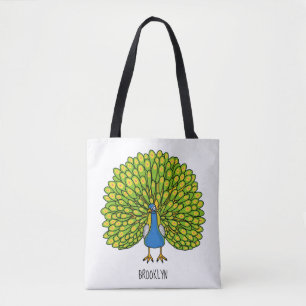 Fun bright peacock bird illustration tote bag