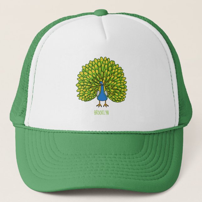 Fun bright peacock bird illustration trucker hat (Front)