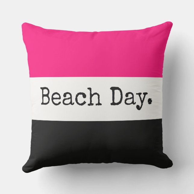 Fun Bright Pink Black White Stripes "Beach Day" Cushion (Back)