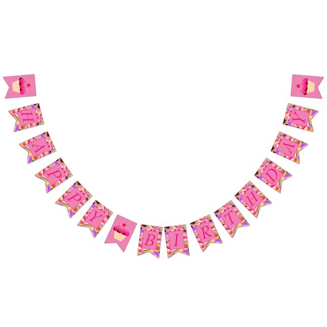 Fun, Bright Pink Cupcake Happy Birthday Bunting (All)