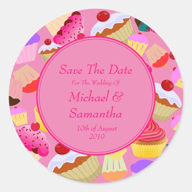 Fun, Bright Pink Cupcake  - Wedding Save The Date Classic Round Sticker (Front)