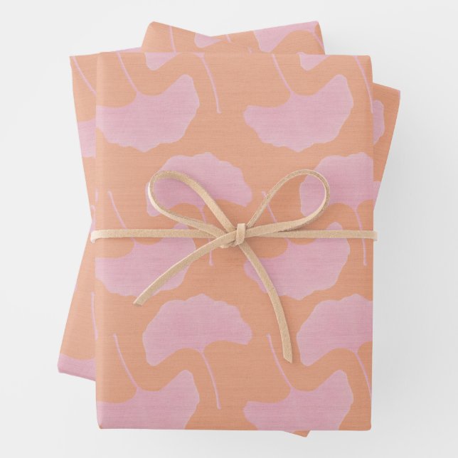 Fun Bright Pink & Orange Textured Gingko Leaves Wrapping Paper Sheet (In situ)