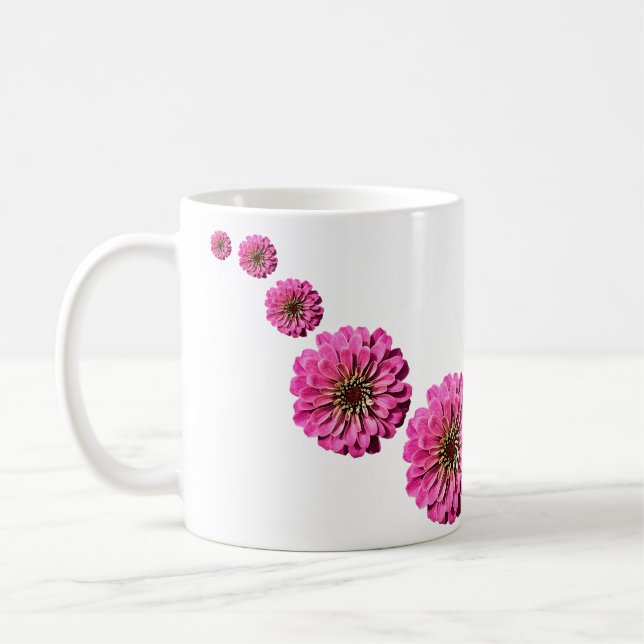 Fun Bright Pink Zinnia Flower Art Coffee Mug (Left)