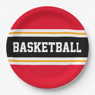 Fun Bright Red Black Yellow BASKETBALL Stripes Paper Plate