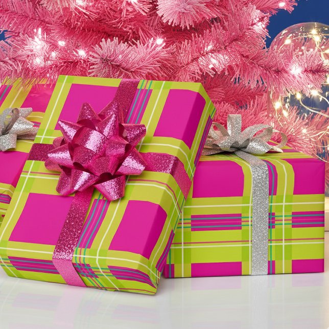 Fun Bright Tartan Plaid Hot Pink Christmas Wrapping Paper (Unique bright colorful hot pink and green Christmas wrapping paper. Tartan with a twist! )
