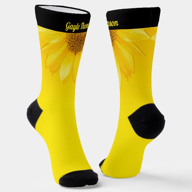 Fun Bright Yellow Sunflower with Name Personalised Socks (Angled)