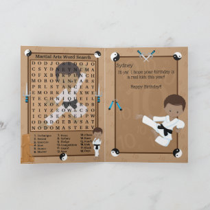 Fun Brown Boys Karate Word Search Happy Birthday Card