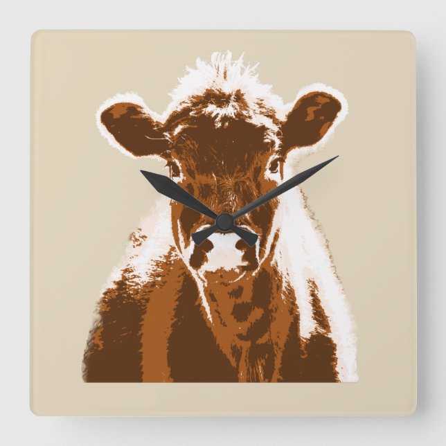 Fun Brown Cow Farm Animal Square Wall Clock (Front)