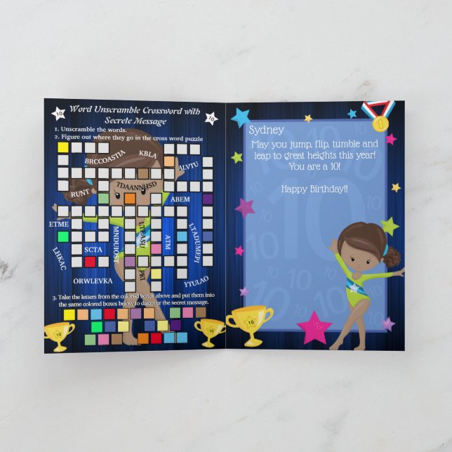 Fun Brown Girls Gymnastics Secret Message Birthday Card (Inside)