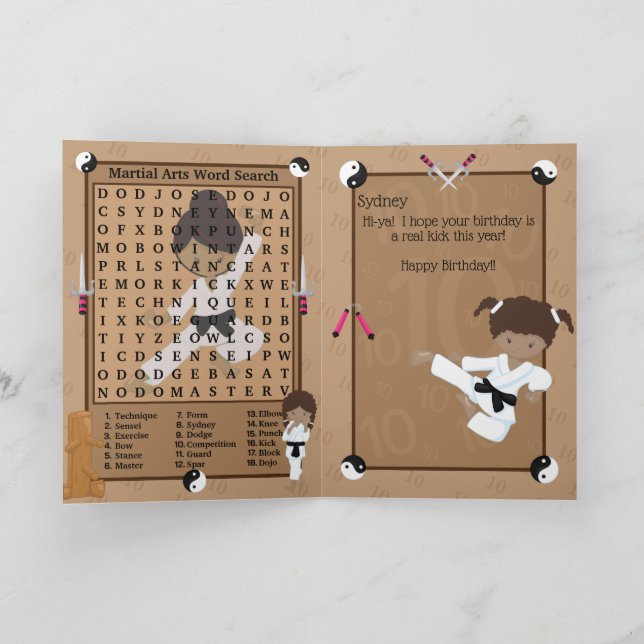 Fun Brown Girls Karate Word Search Happy Birthday Card (Inside)