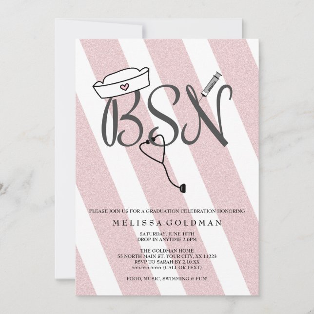 FUN BSN graduation invites blush pink glitter (Front)